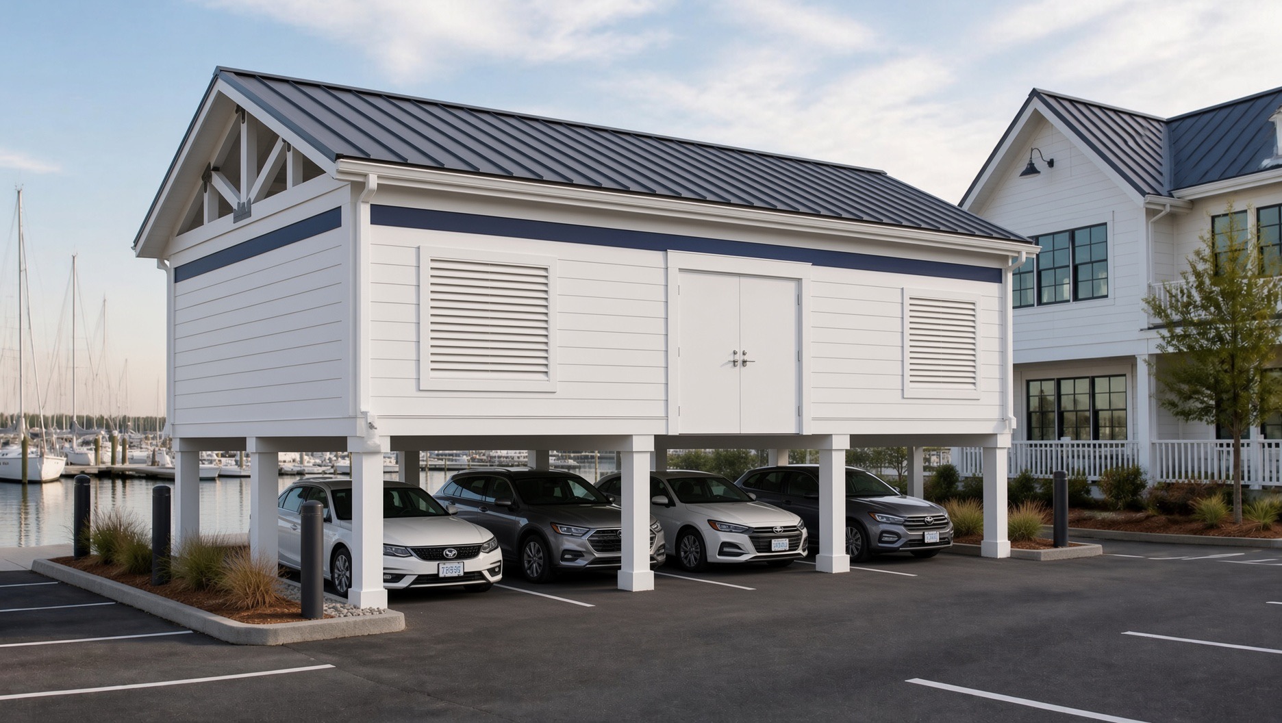 GridLynQ modular battery hub enclosure rendered as a white clapboard marina outbuilding elevated on piers above parking, with louvered service bays and a navy datum band.