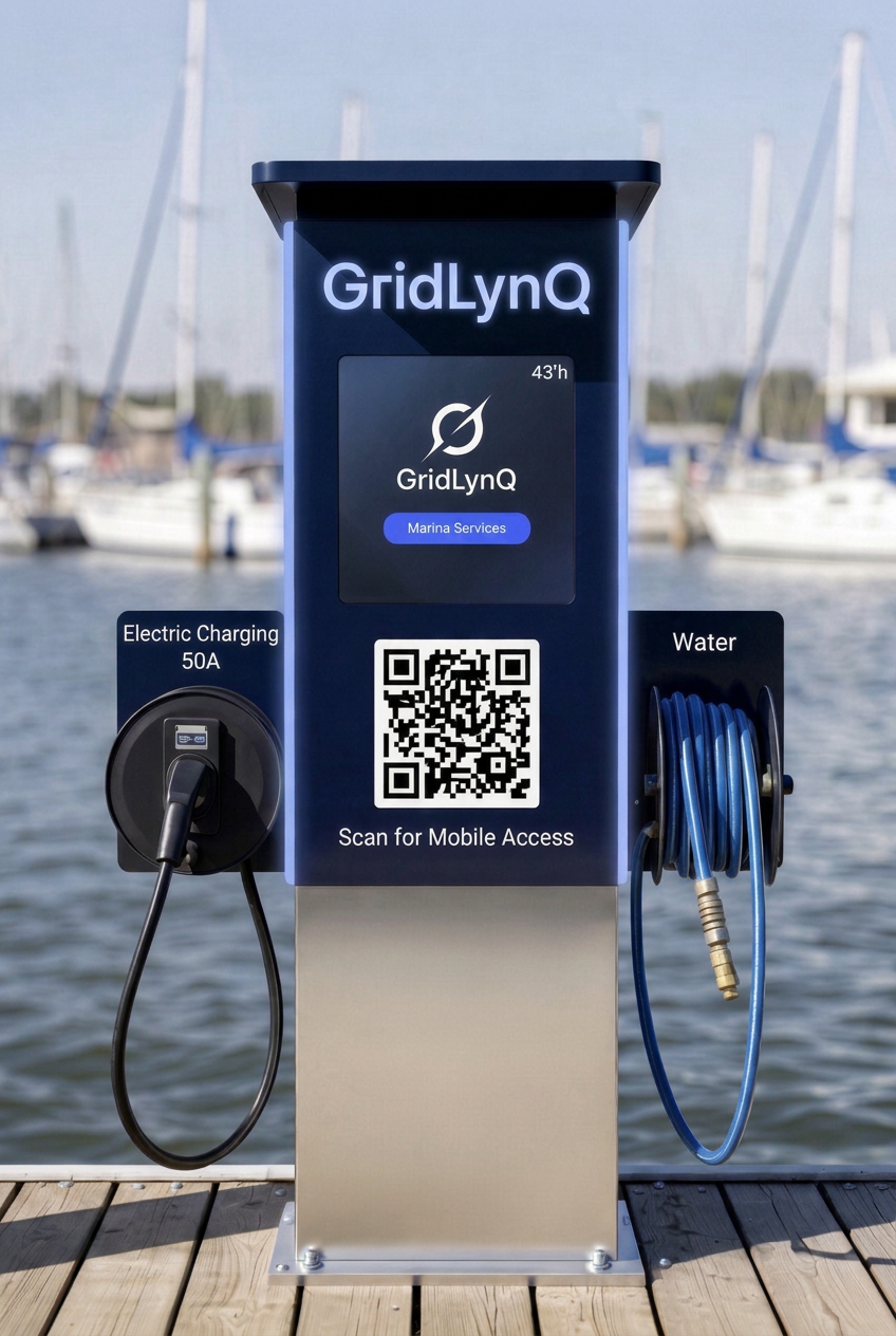 GridLynQ midnight-navy dockside pedestal with an illuminated wordmark, marina services screen, QR code for mobile access, a 50A charging connector on one wing and a hose reel on the other.