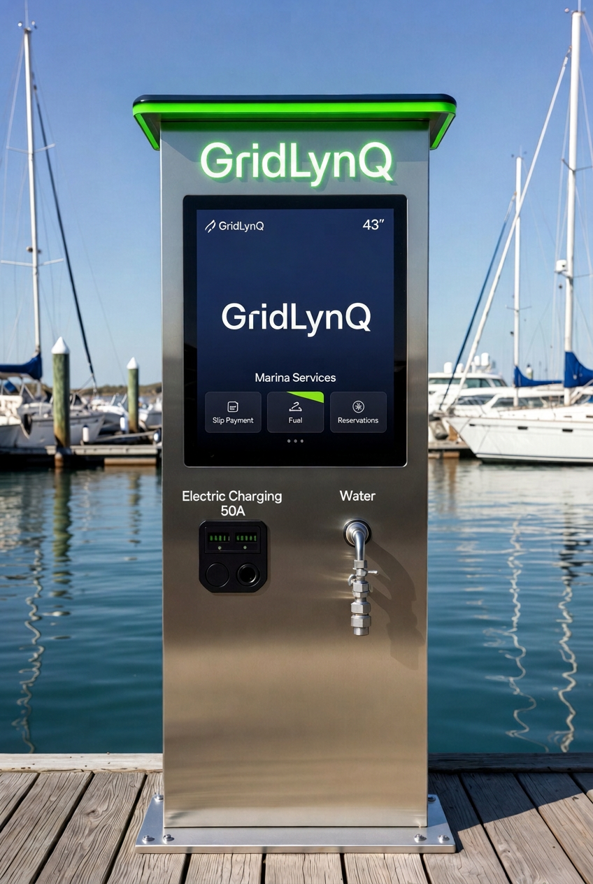 GridLynQ stainless dockside pedestal at a marina with a green illuminated crown, 43-inch touchscreen showing slip payment, fuel and reservations, a 50A electric charging outlet and a water spigot.