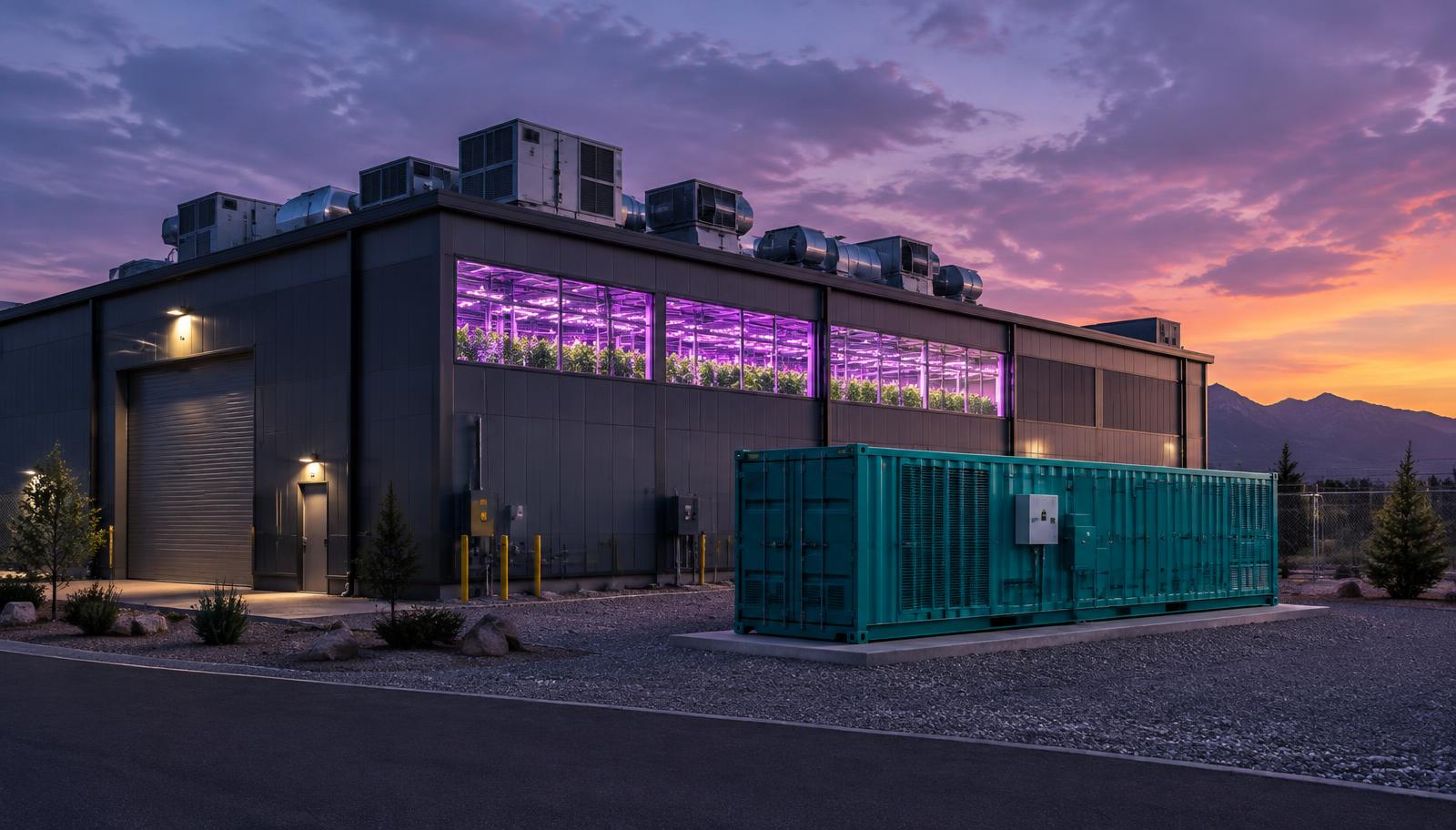 Indoor cultivation facility at dusk with a battery container beside it (concept image)