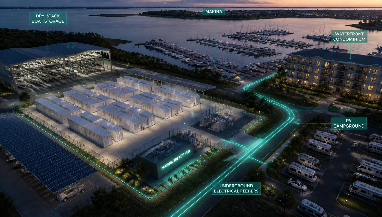 Aerial rendering of a coastal battery hub campus with rows of prefabricated battery containers, a transformer yard and lit feeder routes running to a marina, dry-stack boat storage, an RV campground and a waterfront condominium.