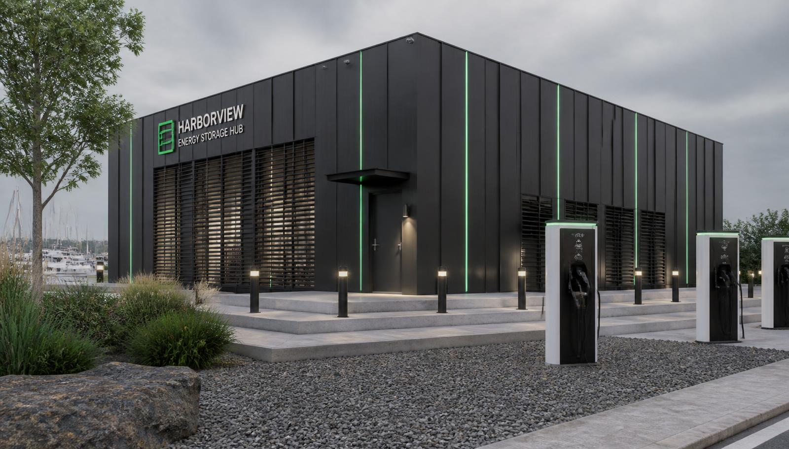 Exterior rendering of a dark metal-clad energy storage hub building with louvered ventilation walls, a concrete plinth and bidirectional charging pedestals in the foreground.
