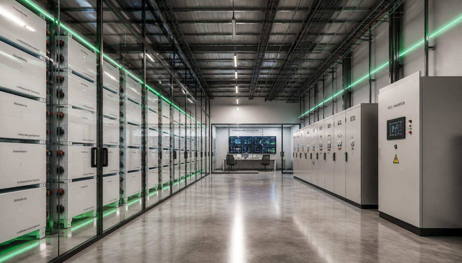 Interior rendering of a battery hall with two rows of white battery racks behind glass, an inverter and switchgear lineup and a glazed operations room at the end of the aisle.