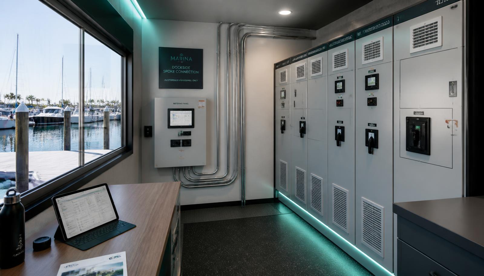 Interior rendering of a dockside electrical room with switchgear cabinets, metering panel, conduit runs and a window overlooking boat slips.